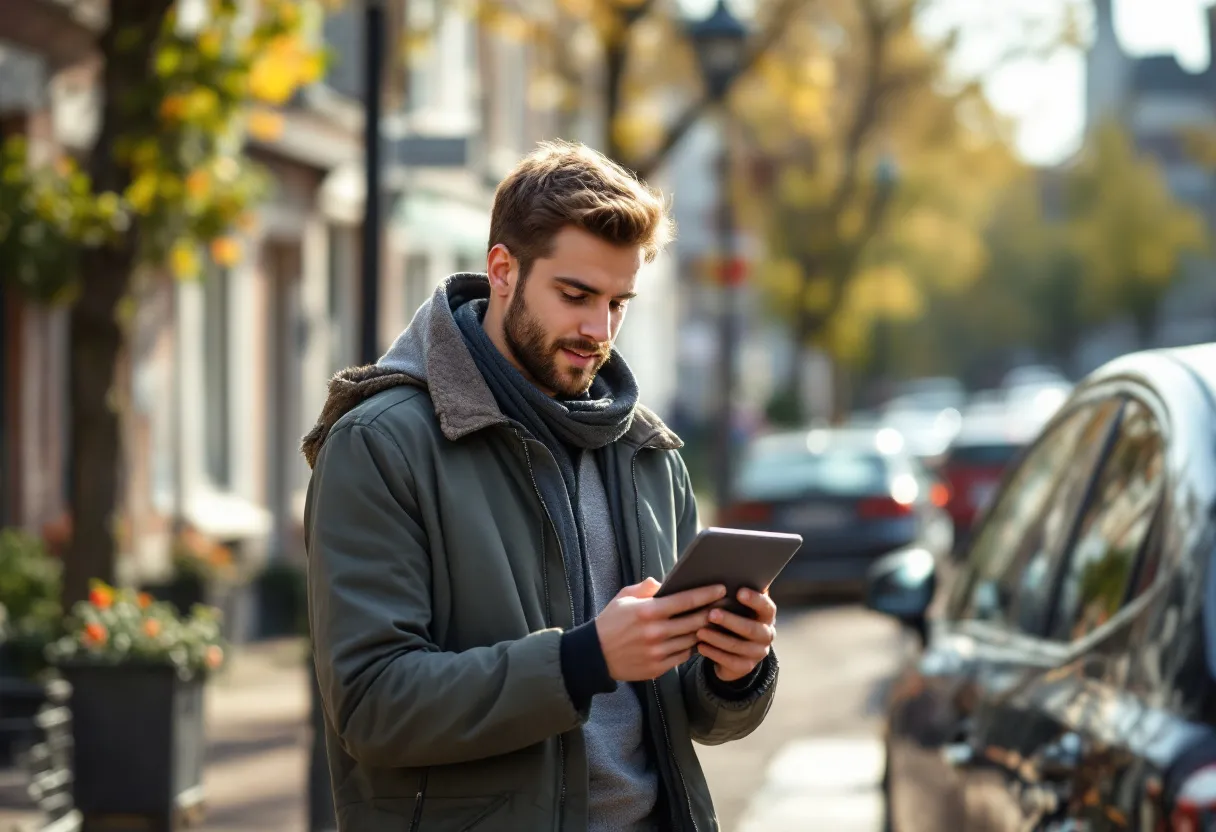 Een jonge bestuurder in een zonnige Vlaamse straat kijkt glimlachend naar een tweedehandsauto terwijl hij op zijn tablet de waarde berekent.
