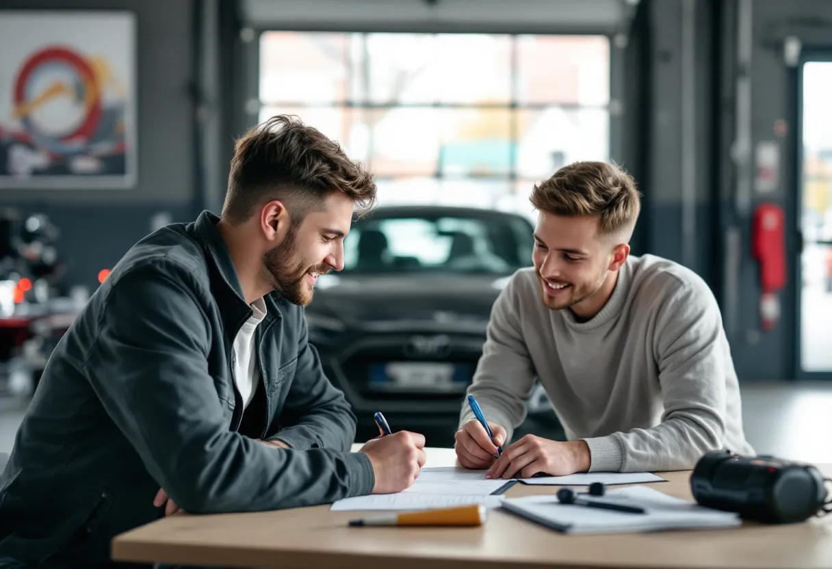 Een jonge koppel ondertekent een verkoopovereenkomst voor een tweedehandsauto bij een garage in Vlaanderen, terwijl een technisch keuringsbewijs op de tafel ligt.