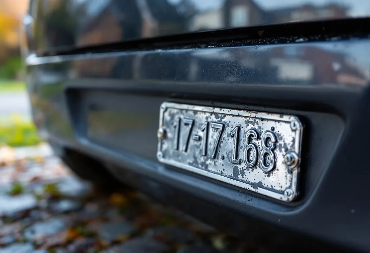 Een fotorealistische close-up van een metalen plaatje met een 17-tekens VIN-nummer dat zichtbaar is onder de voorruit van een geparkeerde auto op een Vlaamse oprit, met een weerspiegeling van een typische rijwoning in de ruit.