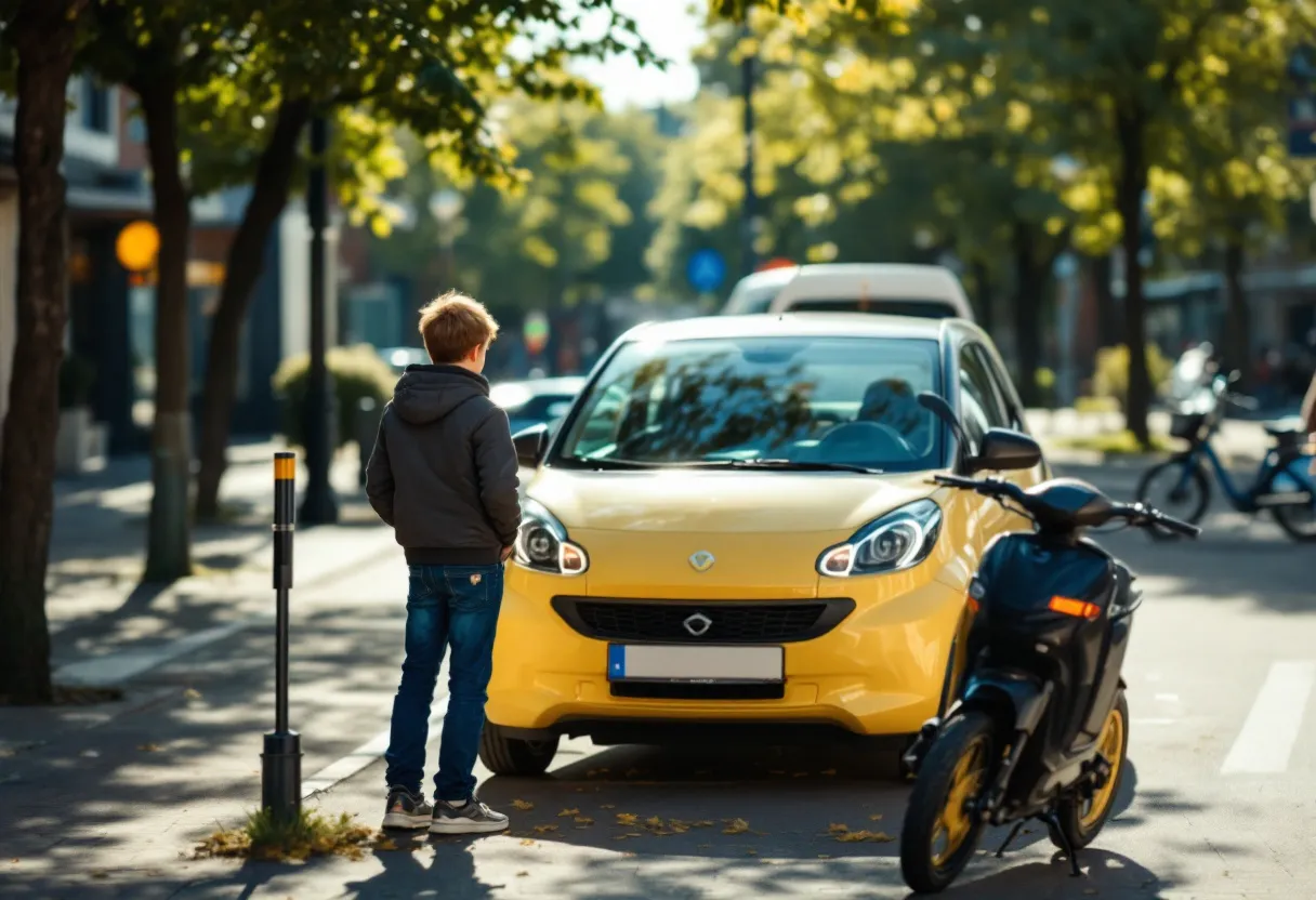 Een jonge koppel bekijkt een compacte tweedehands auto met een laag brandstofverbruik op een zonnige parkeerplaats in een Vlaamse stad, met een fietsenrek op de achtergrond.
