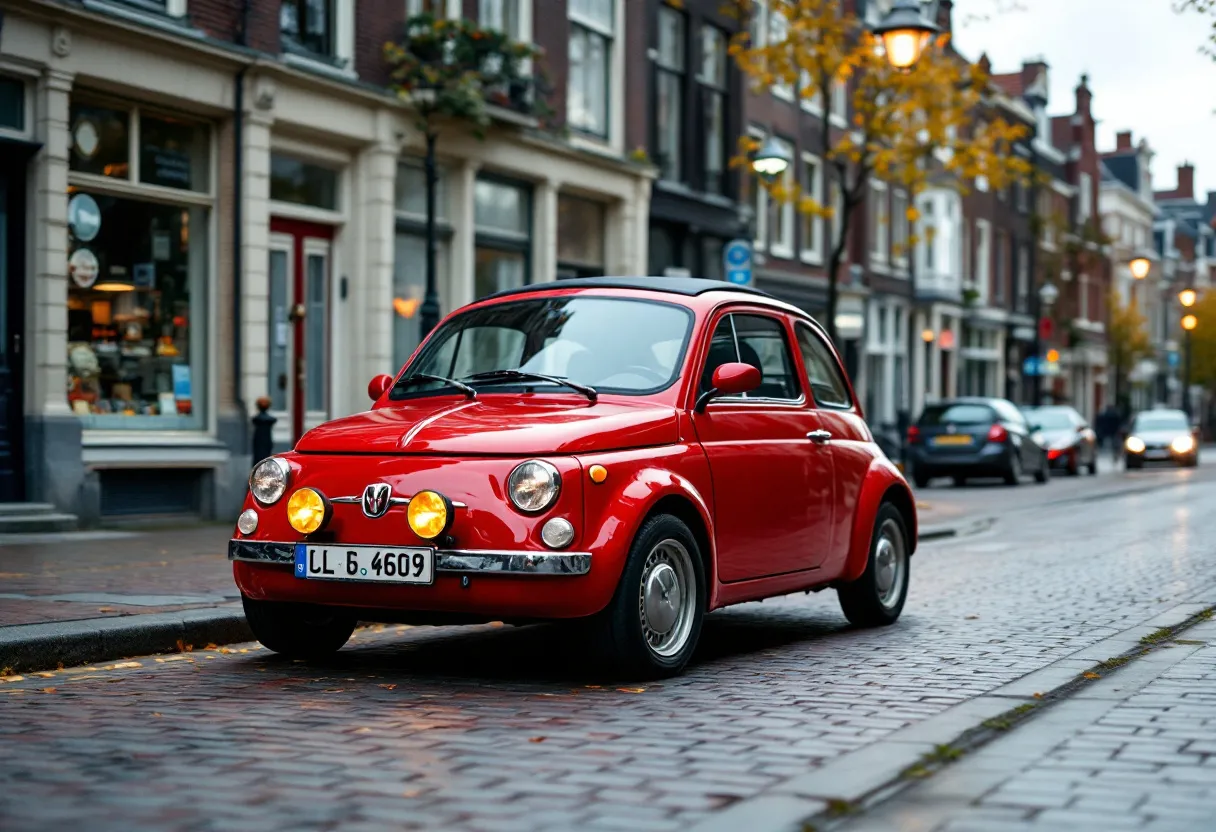 Een fotorealistische afbeelding van een rode compacte auto met ronde koplampen op een Vlaamse kasseistraat met historische gebouwen op de achtergrond.