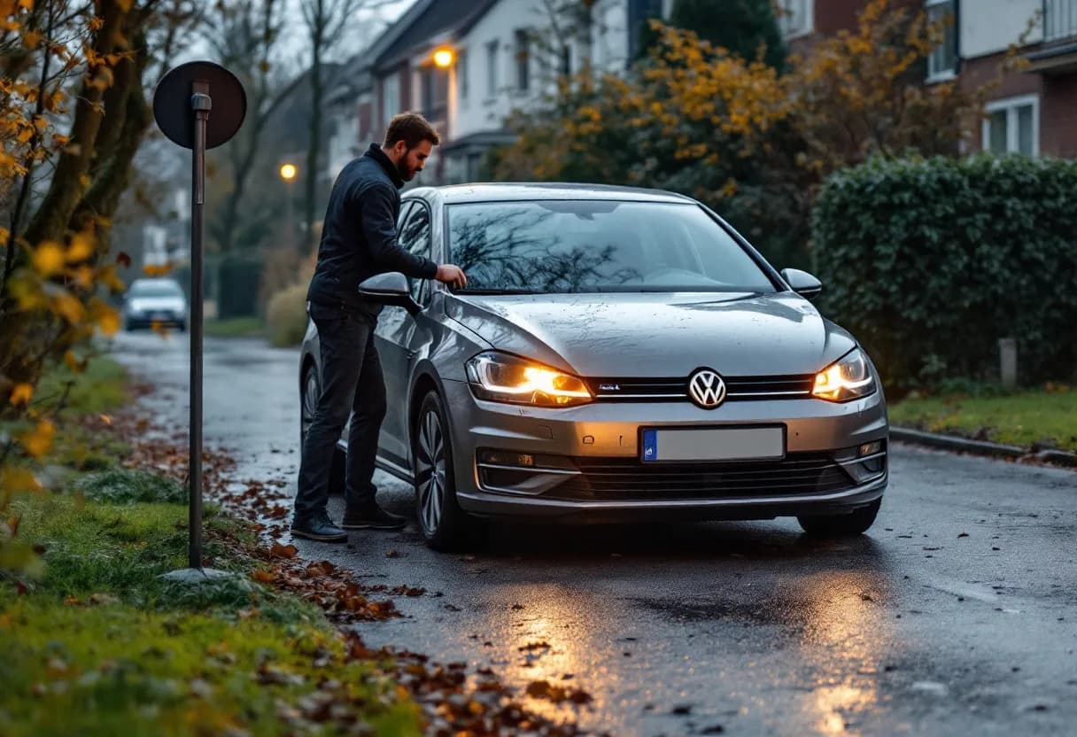 Een bestuurder ontgrendelt een zilvergrijze gebruikte Volkswagen Golf met een afstandsbediening op een oprit in een Vlaamse woonwijk, terwijl de koplampen kort oplichten.