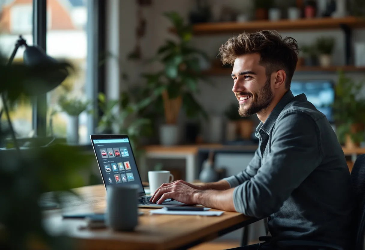 Een jonge bestuurder zit aan een bureau in een Vlaamse woonkamer met een laptop waarop gekleurde auto-iconen zweven, terwijl hij op het punt staat zijn ideale tweedehandsauto te kiezen via een speelse matcher.