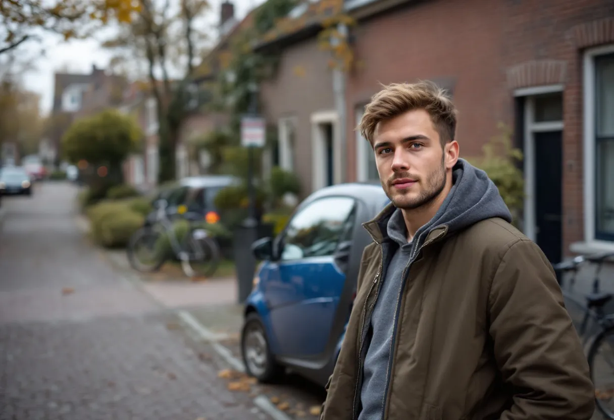 Een jonge man staat naast een compacte blauwe brommobiel geparkeerd op een kasseien straat in een Vlaams dorp, omringd door bakstenen huizen en een fietser op de achtergrond.