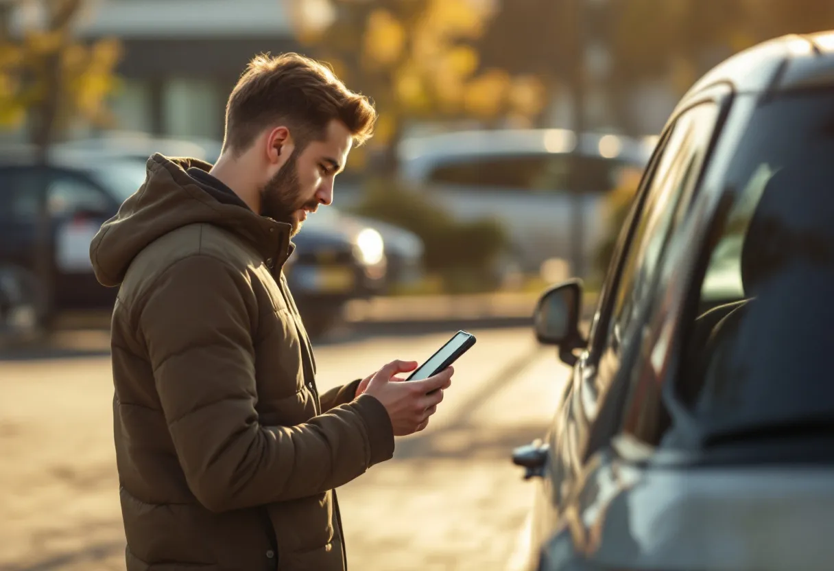 Een jonge Vlaming bekijkt een glanzende, betaalbare compacte auto op een parkeerplaats met zonnige lentehemel, terwijl hij zijn smartphone gebruikt om auto's te vergelijken.