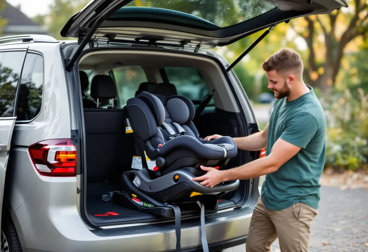Een jonge vader installeert een Cybex-autostoel op de achterbank van een zilvergrijze tweedehands gezinswagen voor een Vlaams rijtjeshuis.