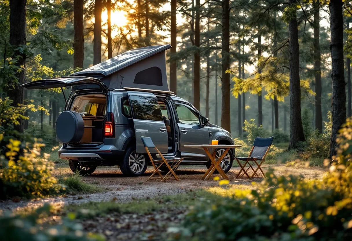 Een fotorealistische foto van een compacte SUV met een opgezette daktent, geparkeerd aan de rand van een Vlaams bos in de vroege ochtendzon, met een campingtafeltje en stoelen ernaast.