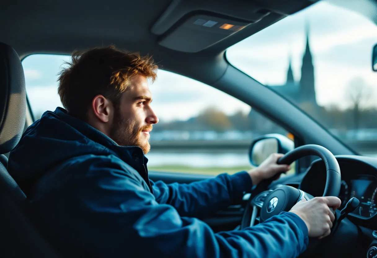 Een jonge bestuurder glimlacht achter het stuur van een moderne blauwe hatchback terwijl hij over de Scheldekaaien in Antwerpen rijdt, met de kathedraal op de achtergrond.