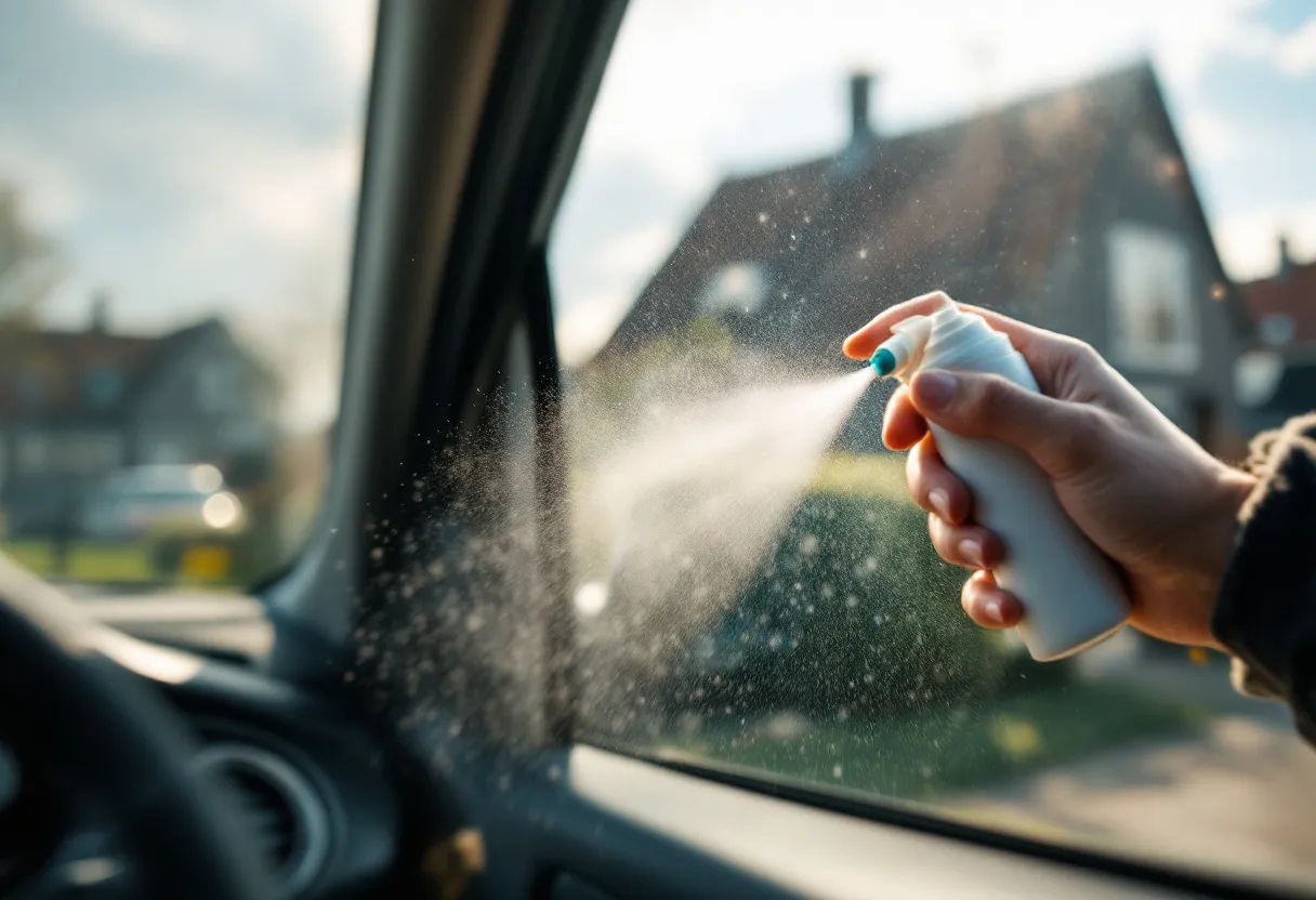 Close-up van een autodeur met lichte krassen, terwijl een hand met een microvezeldoek polijstmiddel aanbrengt in een zonnige oprit met een Vlaamse bakstenen woning op de achtergrond.