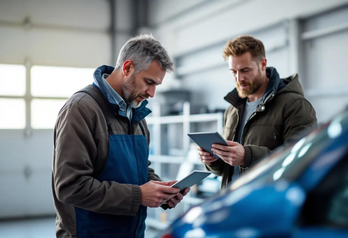 In een helder verlichte autokeuringshal in Zwevegem buigt een keurder zich over de motor van een blauwe tweedehandsauto terwijl de eigenaar met een tablet in de hand aandachtig toekijkt.