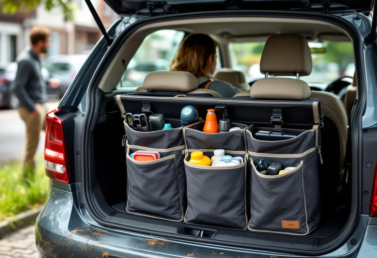Een half geopende stevige canvas auto onderdelen tas met georganiseerde vakken voor bougies, zekeringen, krik en veiligheidsvest, rustend op de passagiersstoel van een gebruikte hatchback in een residentiële Vlaamse straat.