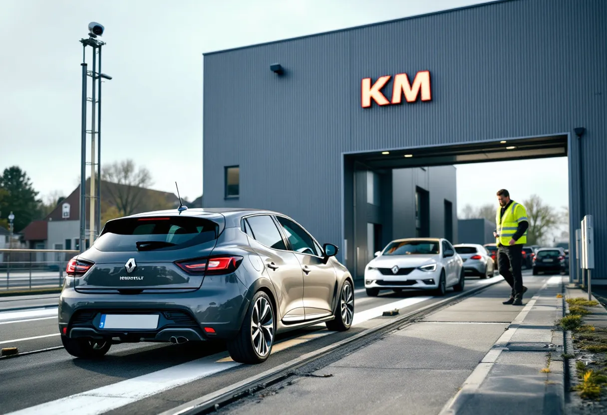 Een heldere foto van het KM autokeuringsstation in Ichtegem op een zonnige ochtend, met een grijze Renault Clio op de keuringslijn en een controleur die de bandenspanning controleert. Op de achtergrond het moderne gebouw met het KM-logo en een webcam bevestigd aan een paal.