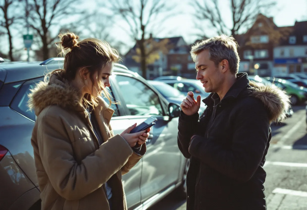 Een jonge vrouw bekijkt een zilvergrijze tweedehandsauto op een parking in een Vlaamse stad, terwijl een verkoper uitleg geeft.
