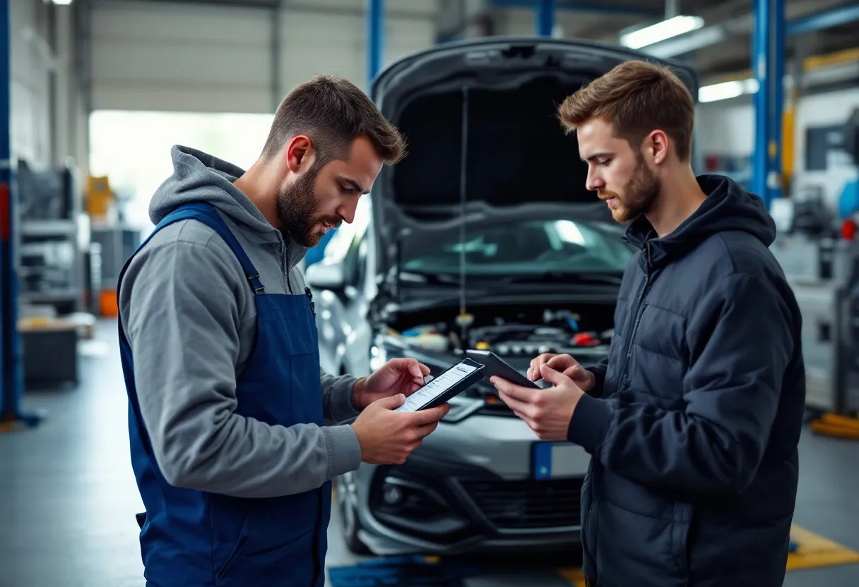 Een monteur in een Vlaamse garage controleert de motor van een zilvergrijze tweedehands hatchback terwijl een jonge koper toekijkt met een checklist op een tablet.