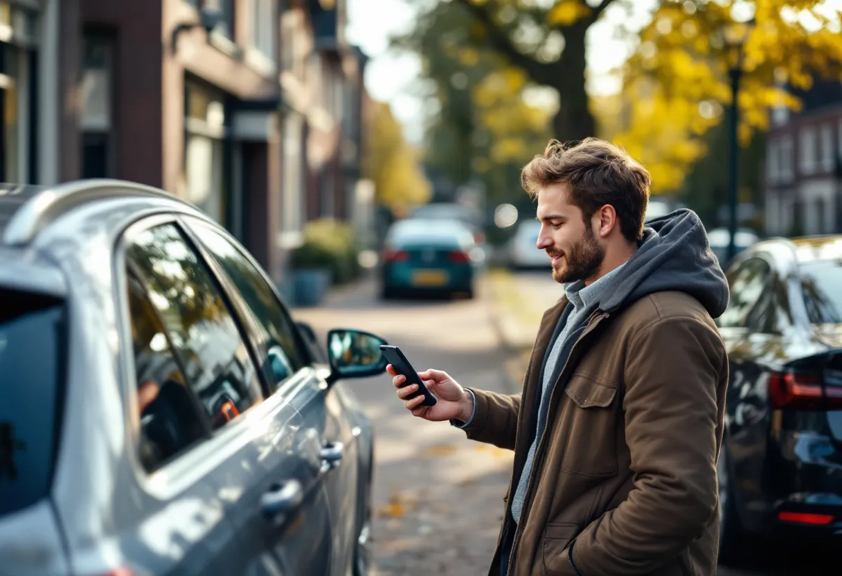 Een realistische foto van een jonge Vlaamse chauffeur die naast twee geparkeerde tweedehandsauto's op een zonnige Vlaamse kasseienstraat staat en prijzen op zijn smartphone vergelijkt.