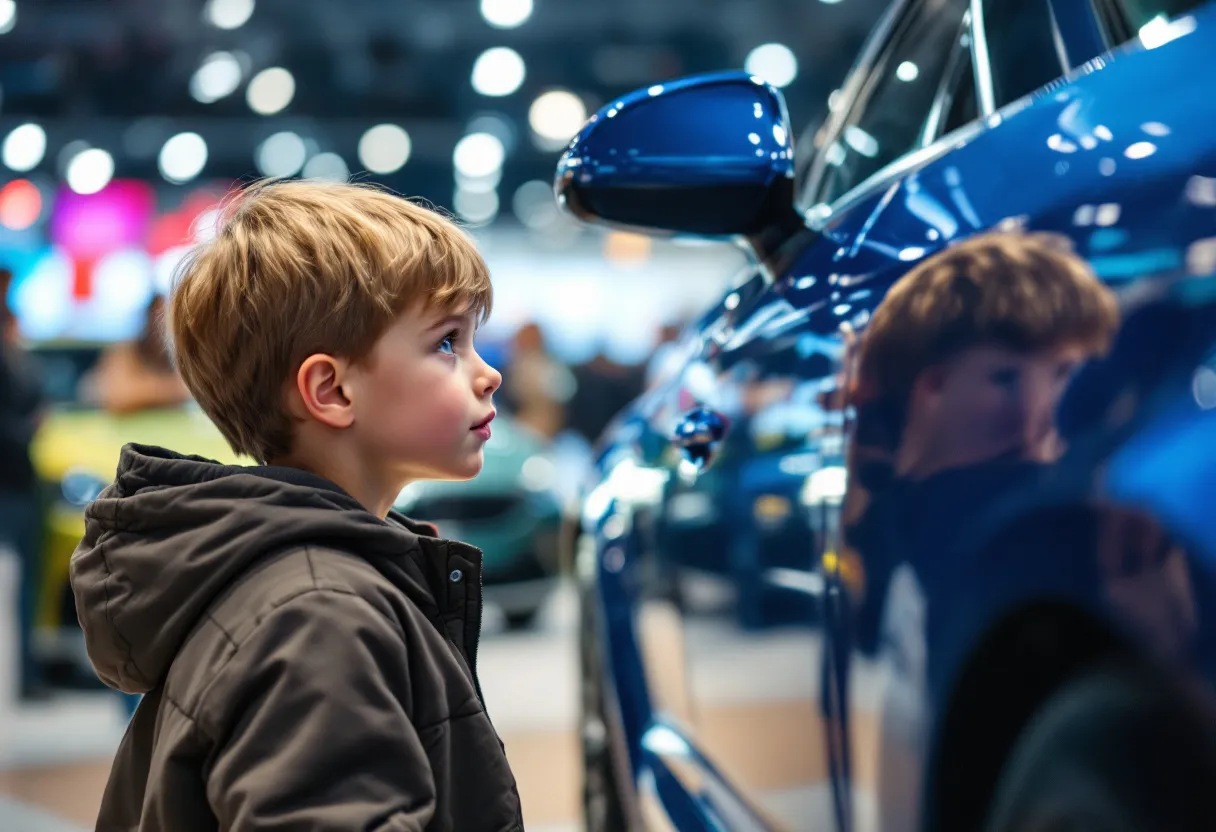 Een jonge koppel bekijkt aandachtig een glanzende blauwe auto op een druk autosalon, met felle hallenverlichting en op de achtergrond bezoekers bij andere standen.