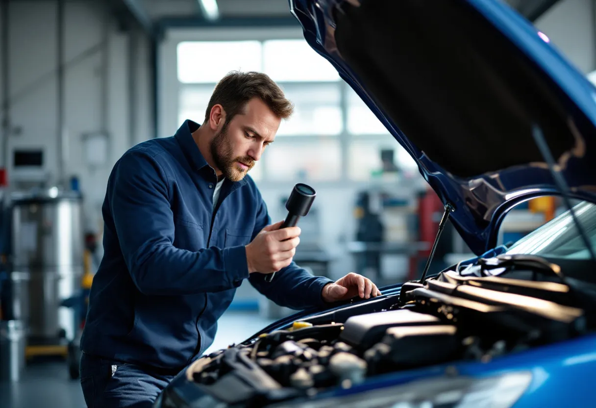 Een monteur inspecteert met een zaklamp de motor van een blauwe tweedehandsauto in een goed verlichte garage, terwijl hij kritisch kijkt naar slangen en bedrading.