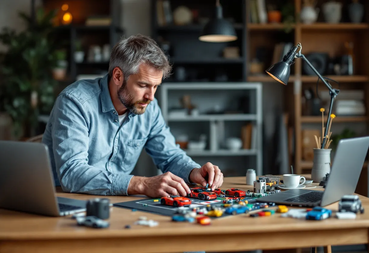 Een volwassen man zit aan een tafel en bouwt een gedetailleerde legosportwagen, naast hem liggen autobladen en een laptop met een vergelijkingssite voor tweedehandsauto's in Vlaanderen geopend.