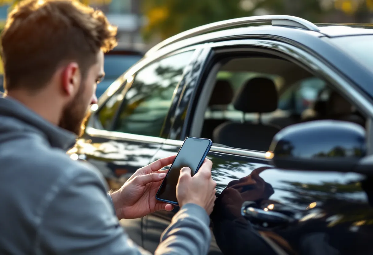 Een jonge bestuurder zit achter het stuur van een glanzende tweedehandsauto voor een Vlaams bakstenen huis, terwijl hij op een smartphone een autoverzekering simuleert met een vergelijkingswebsite in beeld.
