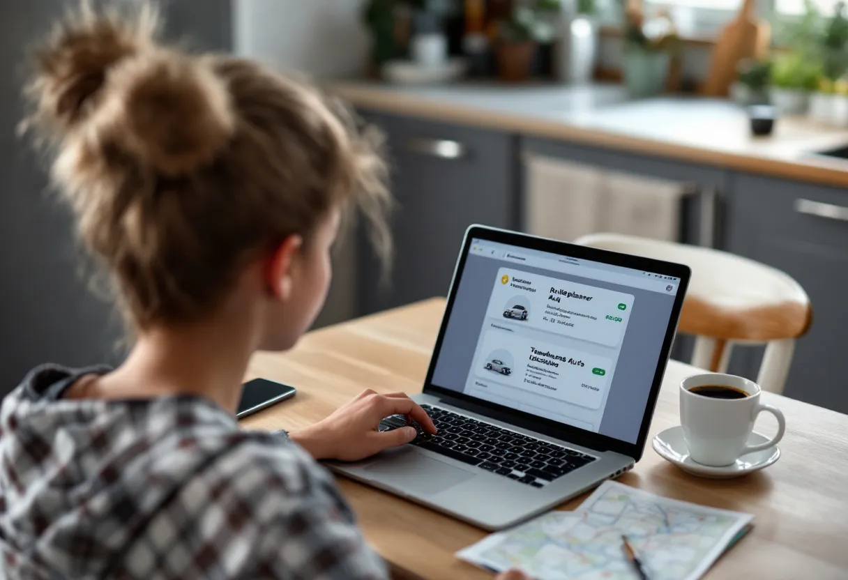 Een jonge koppel zit aan een houten keukentafel met een laptop en een smartphone, op het scherm staan een routeplanner en een lijst van tweedehandsauto's met prijzen en locaties in Vlaanderen, een kop koffie en een wegenkaart liggen erbij.