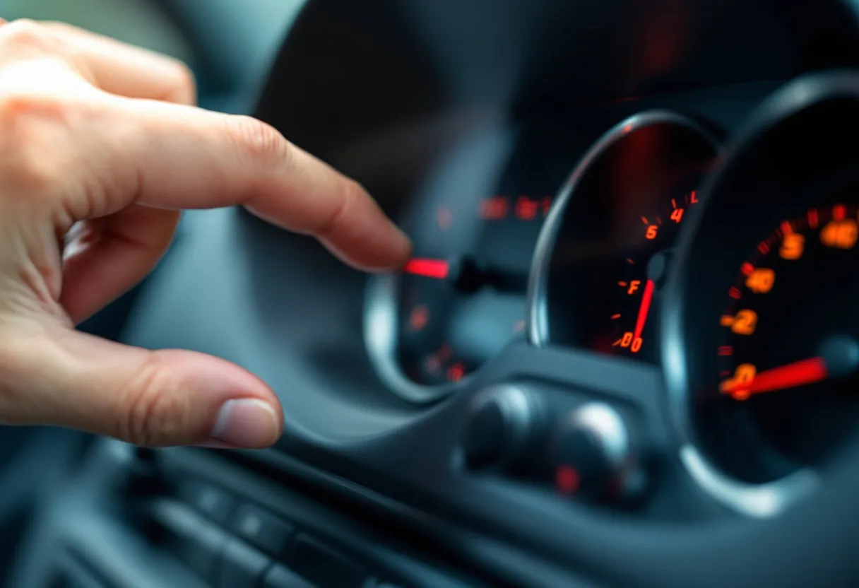 Close-up van een auto-dashboard met verschillende brandende waarschuwingslampjes, terwijl een hand naar een rood symbool wijst tijdens een inspectie van een tweedehandsauto.