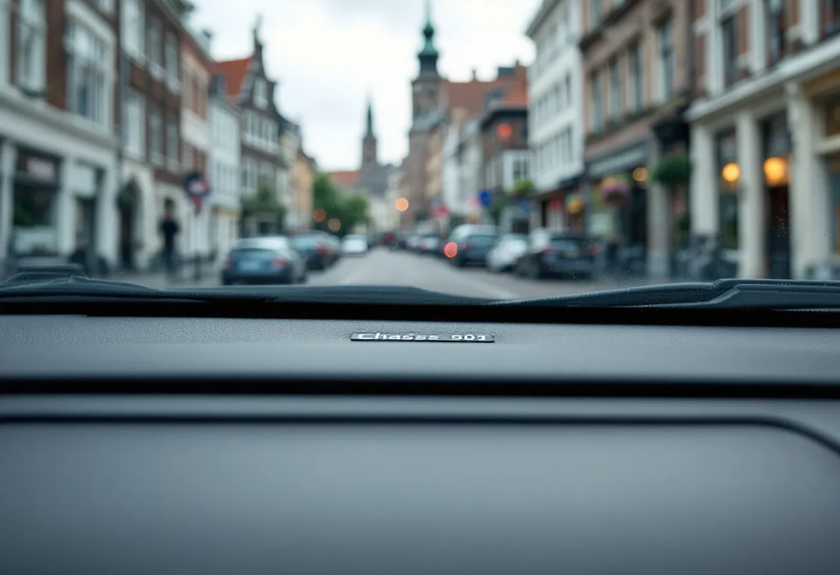 Een close-up van een chassisnummer op het dashboard van een recente tweedehands auto, met zicht op het historische centrum van Gent in de achtergrond.