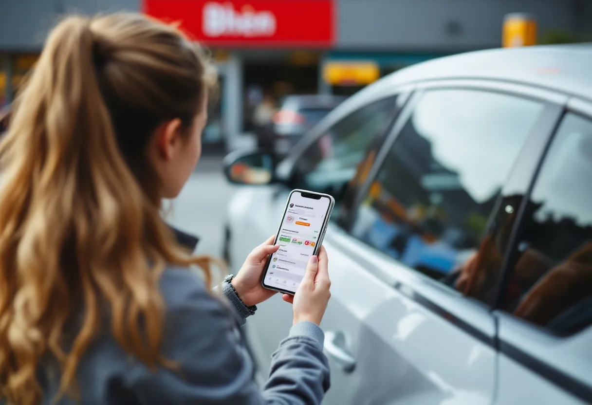 Een jonge vrouw bekijkt een zilverkleurige tweedehands wagen op de parking van Bhen Auto in Asse, terwijl ze op haar smartphone een vergelijkingsapp gebruikt die lokale aanbiedingen toont.