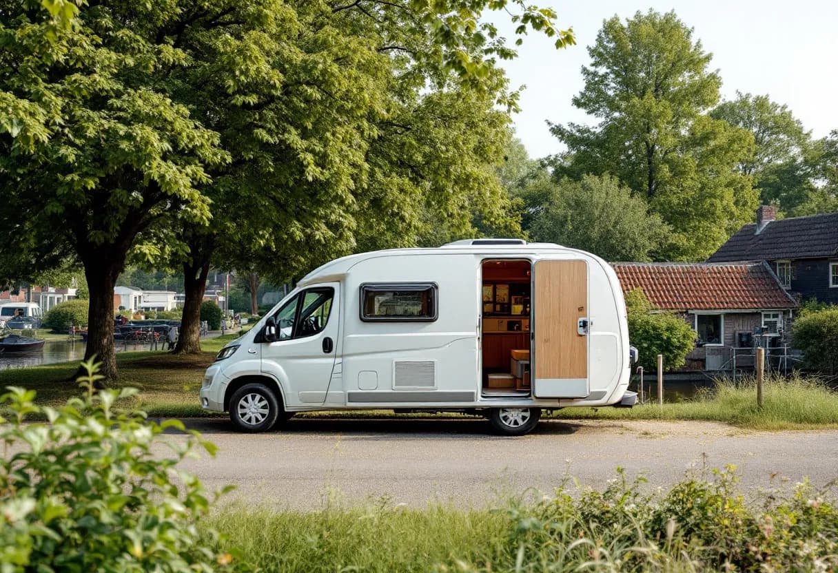 Een compacte witte brommobiel met een knap interieur staat geparkeerd naast een rustige Vlaamse vaart, omringd door groene bomen.