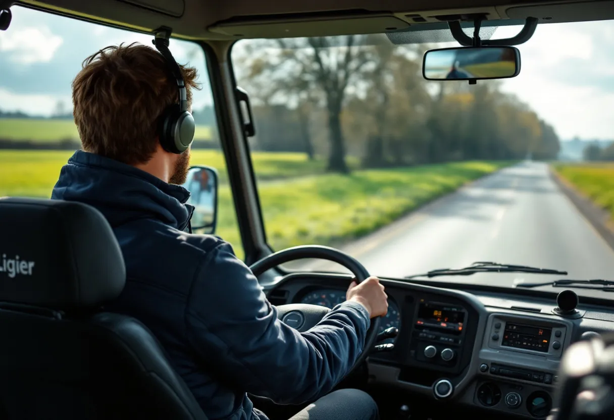 Een jonge bestuurder in een Ligier brommobiel rijdt over een landelijke Vlaamse weg met groene velden op de achtergrond.