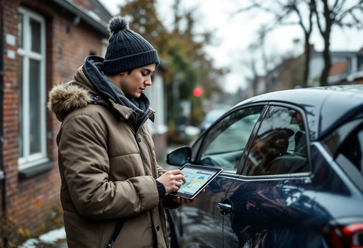Een jong stel staat op een zonnige winterdag in een rustige Vlaamse straat naast een gebruikte compacte auto. Ze houden een tablet vast met een autolening simulatie, een rekenmachine en een map met documenten. De auto is donkerblauw en ziet er goed onderhouden uit.