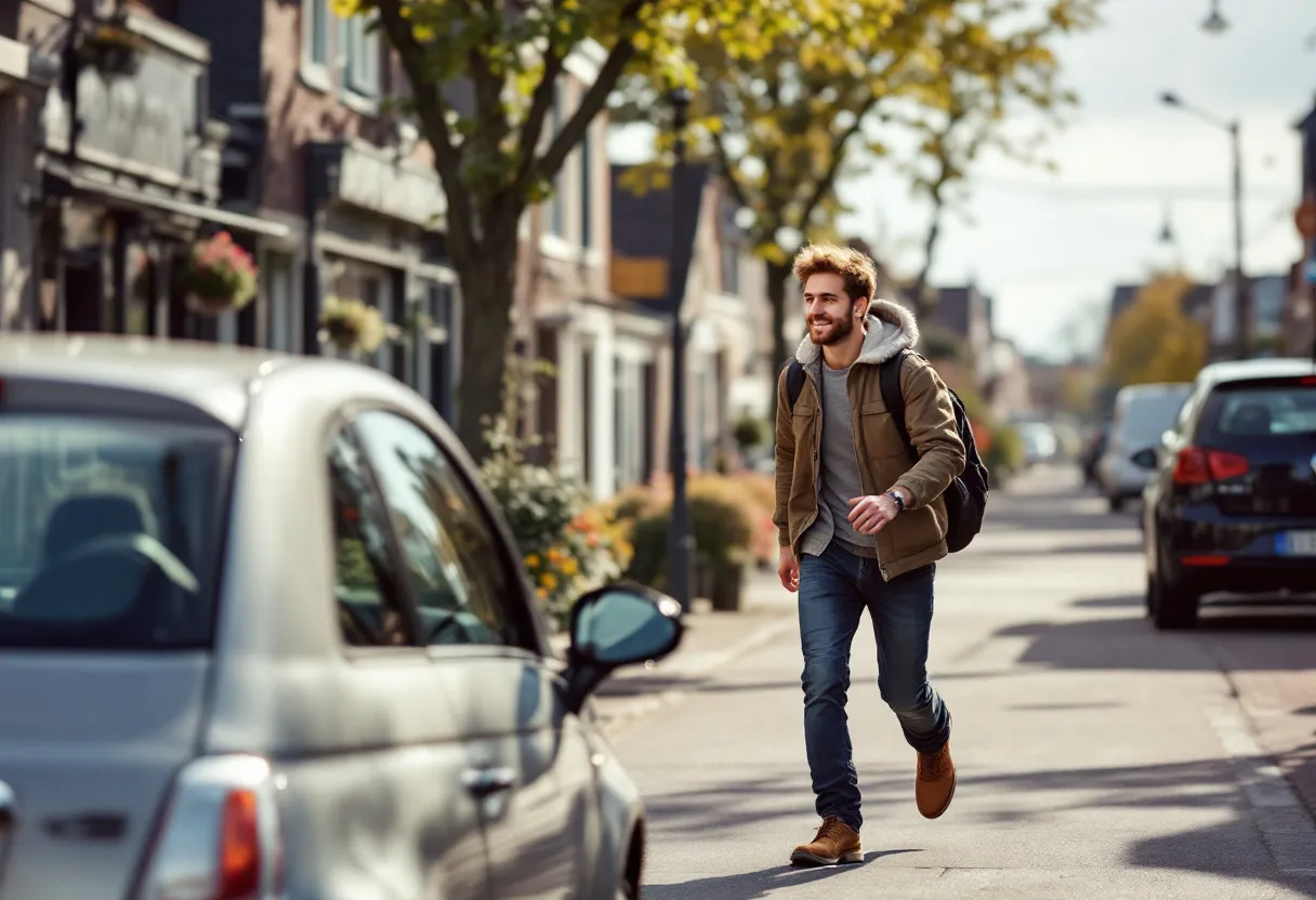 Een jonge bestuurder leunt tegen een compacte zilvergrijze tweedehandsauto en toetert met een glimlach op een zonnige Vlaamse dorpsstraat.