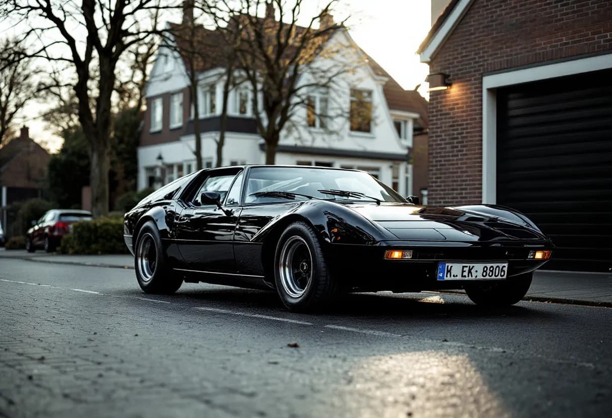 Een glanzende Zeekr 001 shooting brake in een typisch Vlaamse straat met kasseien, op een bewolkte dag, naast een moderne garagebox.