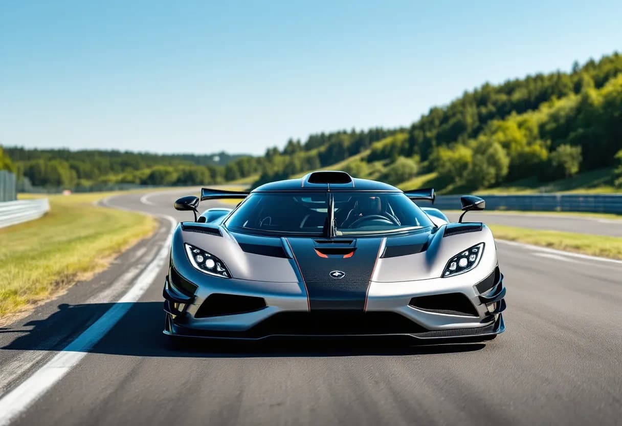 Een Koenigsegg Jesko Absolut in feloranje lak op een zonnig testcircuit, met een stofwolk achter de achterbanden terwijl de auto net optrekt uit stilstand, op de achtergrond uitgestrekte groene heuvels en strakblauwe lucht.