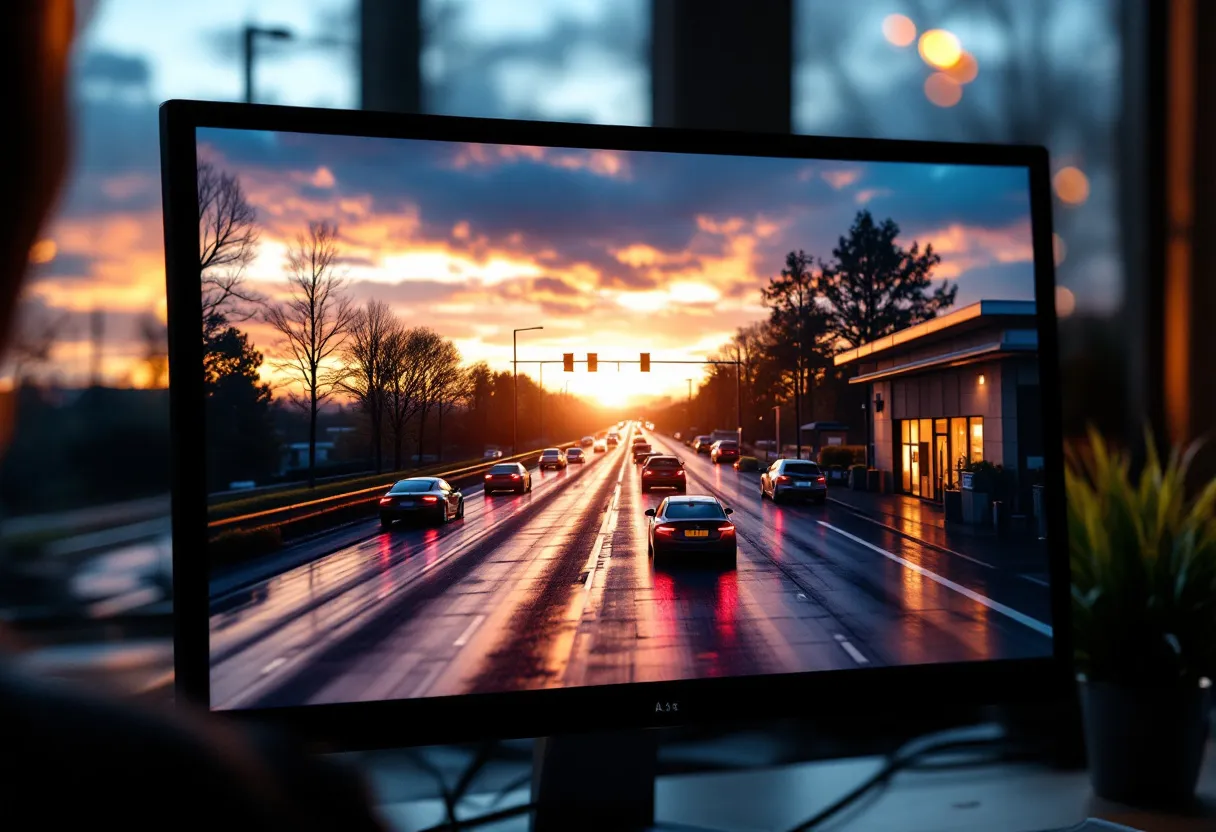 Een fotorealistische close-up van een computerscherm met een live webcambeeld van de aanschuifstrook bij autokeuring As, met enkele auto's in de rij en een helder ochtendzonnetje.