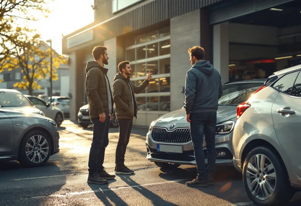 Een fotorealistisch beeld van een garage in Geel met een rij gebruikte auto's op de voorgrond, een verkoper wijst een jonge koper op een zilveren hatchback terwijl de zon schijnt op het asfalt.