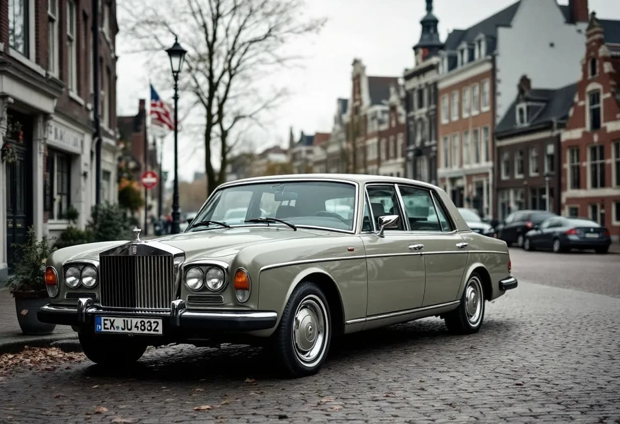 Een zilvergrijze tweedehands sedan staat geparkeerd in een Vlaamse stad met kasseien en historische gebouwen op de achtergrond.