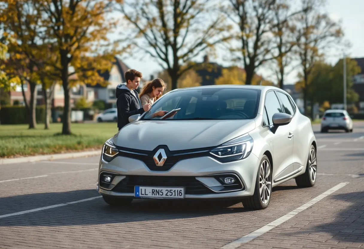 Een jonge koppel bekijkt een zilvergrijze Renault Clio op een parking in een Vlaamse stad, met bomen en huizen op de achtergrond, terwijl ze een checklist en een tablet vasthouden.