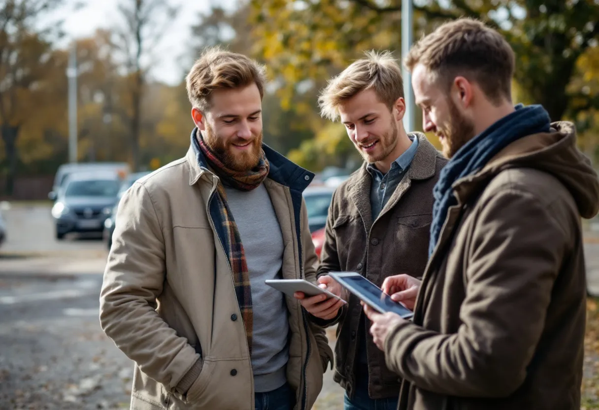 Een jong koppel inspecteert een zilvergrijze compacte auto van de nieuwste generatie op een zonovergoten parking in Vlaanderen, terwijl een verkoper via een tablet de actuele marktprijzen van vergelijkbare modellen laat zien.