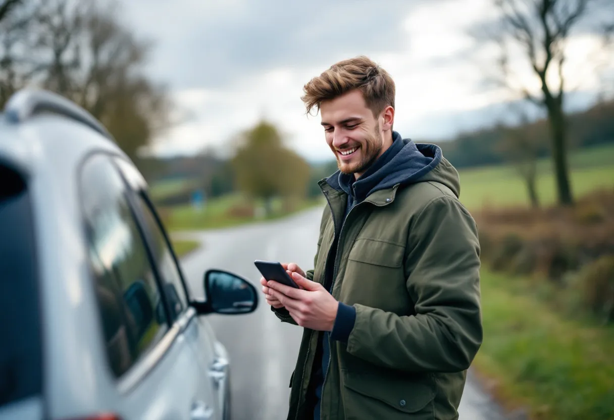 Een jonge Vlaamse bestuurder leunt tevreden tegen een verzorgde tweedehandsauto op een landelijke weg, met een digitale verzekeringskaart op de smartphone in zijn hand.