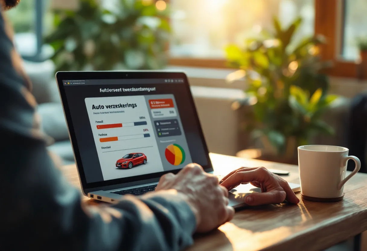 Een persoon zit aan een laptop met een vergelijkingstabel van autoverzekeringen en ernaast een afbeelding van een tweedehandsauto, met een kop koffie en zonnig daglicht.