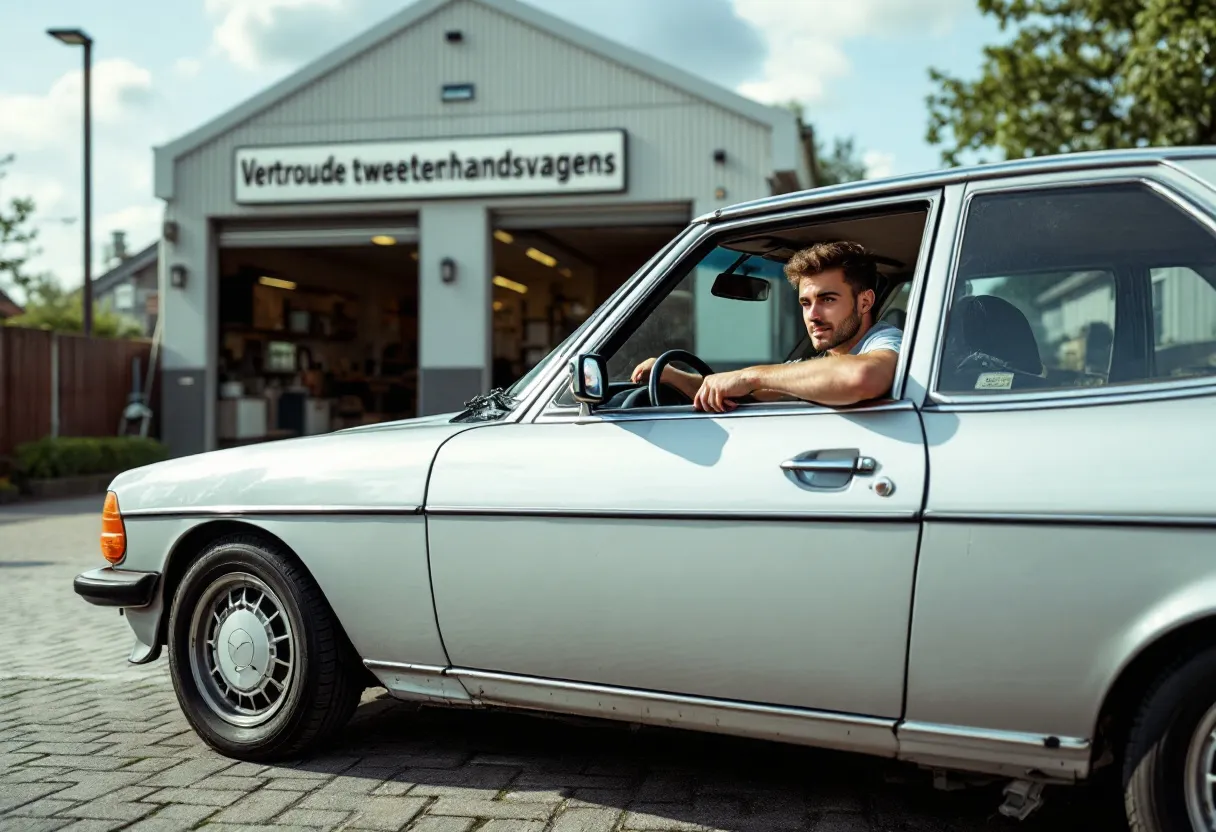 Een fotorealistische scène van een jonge bestuurder die tevreden achter het stuur zit van een schone, betaalbare tweedehandsauto op een zonnige Vlaamse parkeerplaats, met op de achtergrond een moderne garage en een bord 'Vertrouwde tweedehandswagens'.
