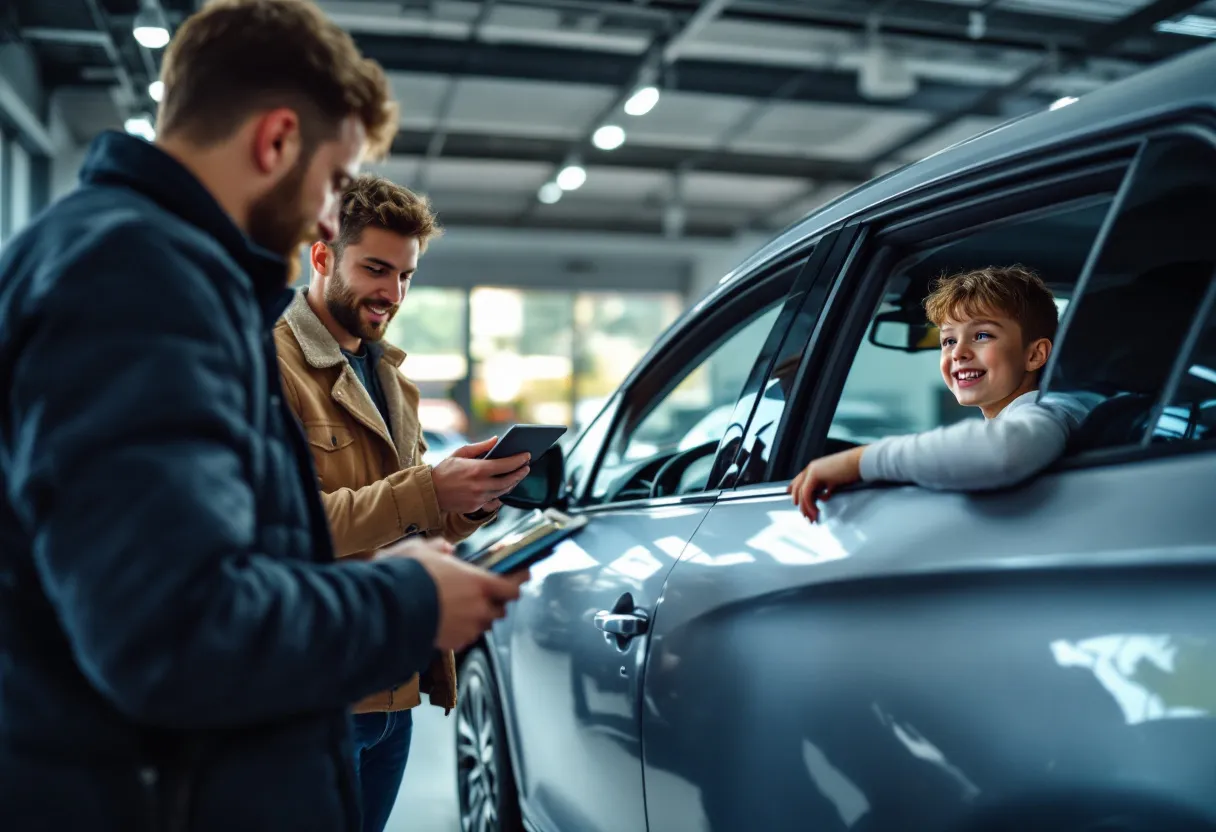 Een realistische scene in een lichte, moderne garage-showroom met rijen recente tweedehandsauto's, waar een jong koppel glimlachend instapt in een zilverkleurige hatchback terwijl een verkoper met een tablet uitleg geeft over de motor.