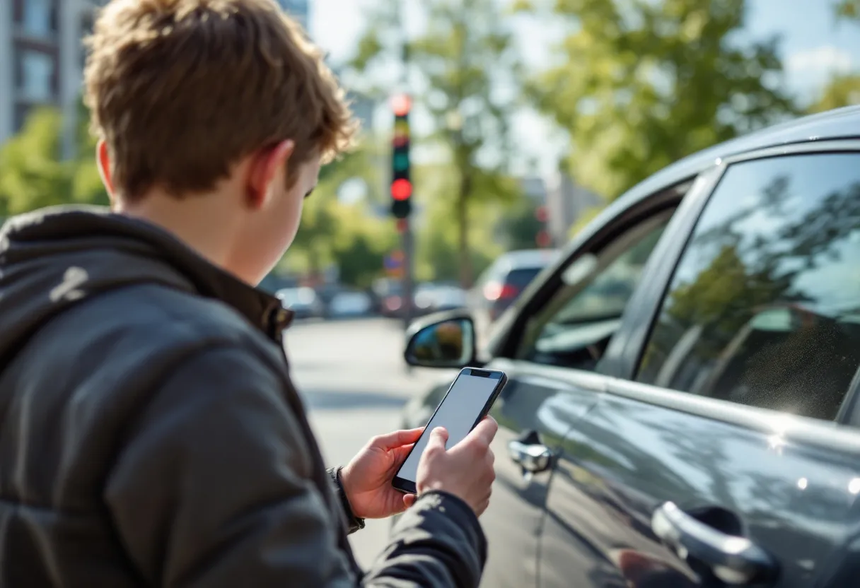 Een jonge koppel bekijkt tevreden een glanzende tweedehandsauto op een zonnige parkeerplaats in een Vlaamse stad, met een smartphone in de hand waarop een autovergelijkingsapp openstaat.