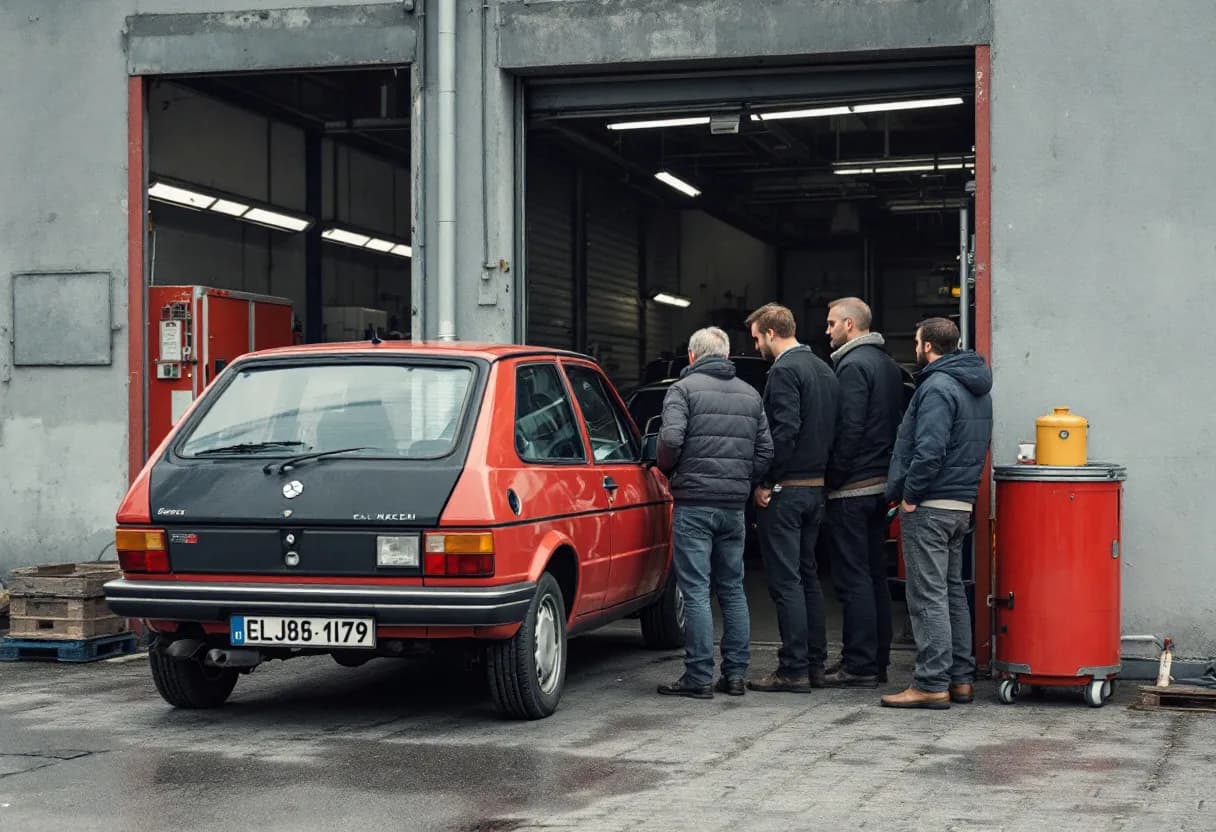 Een Vlaams gezin bekijkt een tweedehandsauto voor een garage in Antwerpen terwijl een monteur de motor inspecteert.