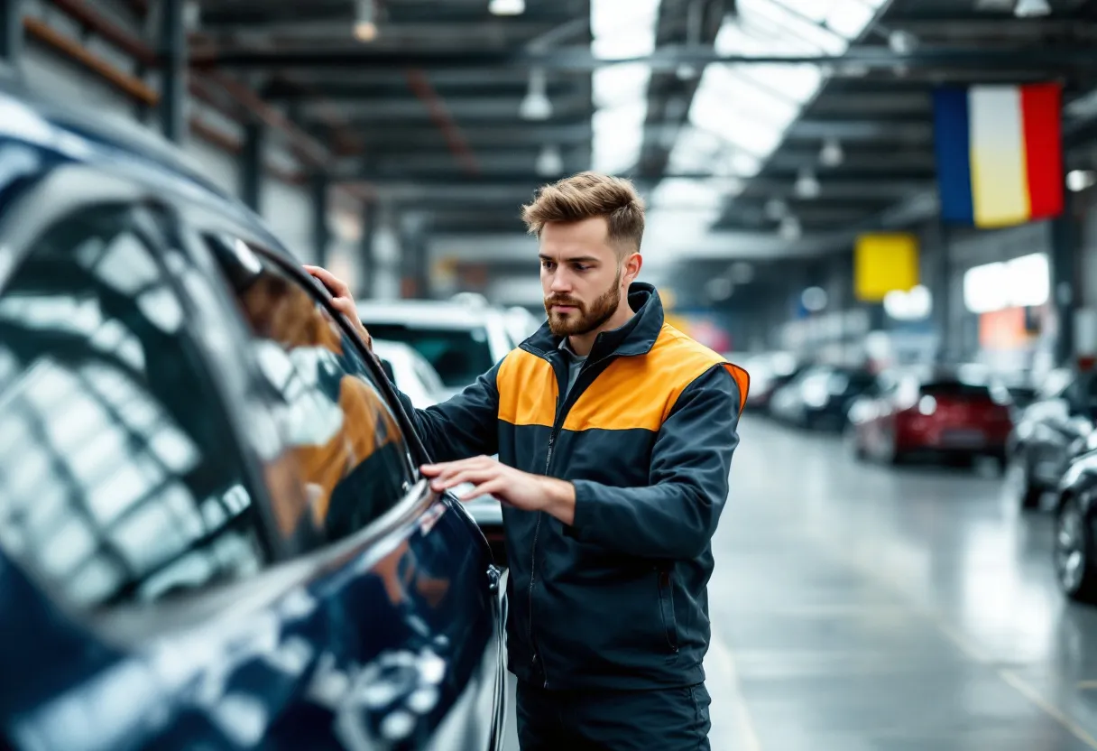 Een jonge bestuurder inspecteert glimlachend een glanzende tweedehands gezinsauto op een zonnig autobedrijf in Vlaanderen, met een Vlaamse vlag aan de gevel en rijen gepoetste auto's op de achtergrond.