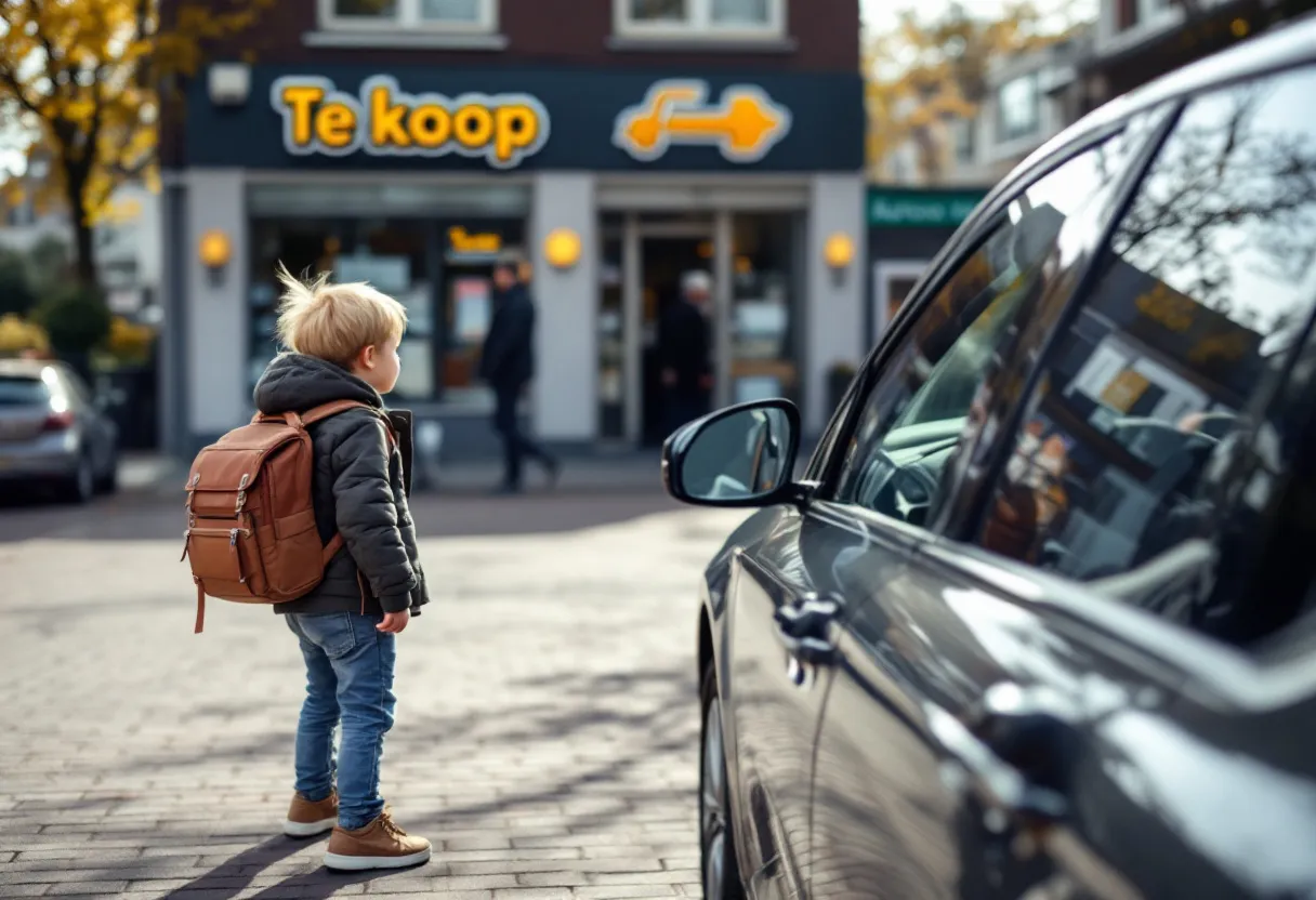 Een jong koppel bekijkt een glanzende tweedehandsauto op een parkeerplaats in een Vlaamse stad, met een bord 'Te koop' en een autohandel op de achtergrond.