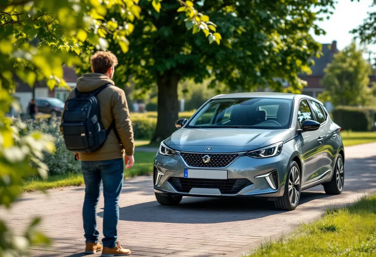 Een jonge bestuurder kijkt tevreden naar een zilvergrijze compacte hatchback die geparkeerd staat op een zonnige oprit in een groene woonwijk in West-Vlaanderen, met een verkoper die de autosleutels overhandigt.