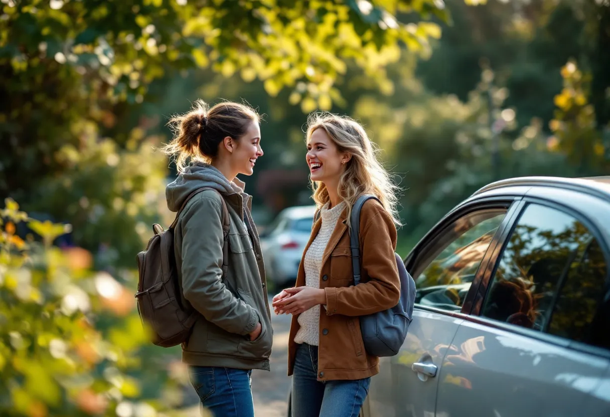 Een lachende jonge vrouw krijgt de sleutels overhandigd van een blinkende tweedehands hatchback, geparkeerd voor een herenhuis in een Vlaamse dorpskern met kasseien en een bakfiets.