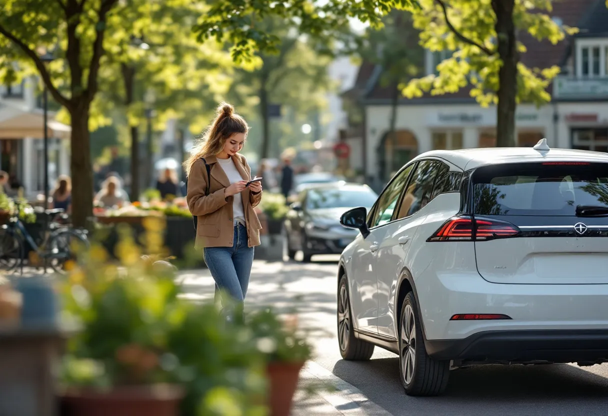 Een jonge vrouw laadt een witte elektrische auto op aan een laadpaal in een zonnige Vlaamse straat met fietsen en een bakkerij op de achtergrond.