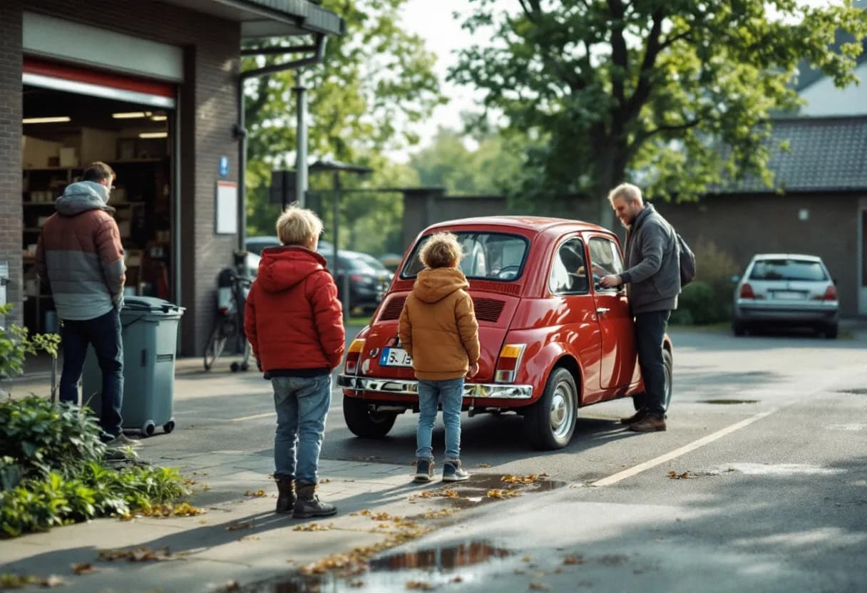 Een jonge koppel bekijkt geïnteresseerd een compacte tweedehandsauto op een zonovergoten parkeerplaats bij een Vlaamse garage, terwijl de verkoper hen de autopapieren overhandigt.